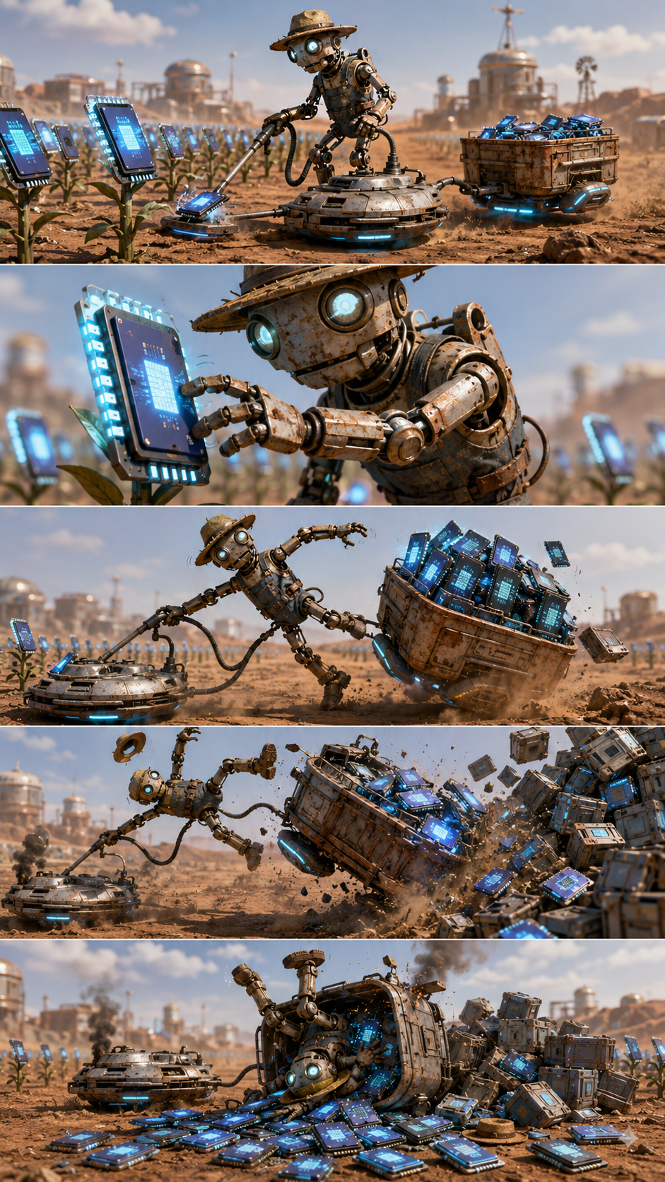 Five-panel SSD farmer robot gameplay storyboard